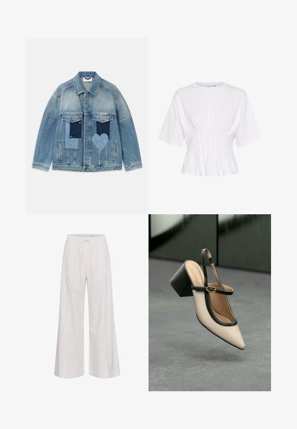 Light blue denim jacket with patchwork designs, including rectangular and heart-shaped patches, front flap pockets, and a button closure.; White short-sleeve top made of soft fabric, featuring a round neckline and gathered detailing at the waist for a fitted look.; Wide-leg pants in soft white fabric, featuring an elastic waistband with a drawstring, smooth texture, and no additional embellishments.; Beige pointed-toe slingback shoe with black trim, gold buckle, and a chunky block heel on gray floor with dark green background.