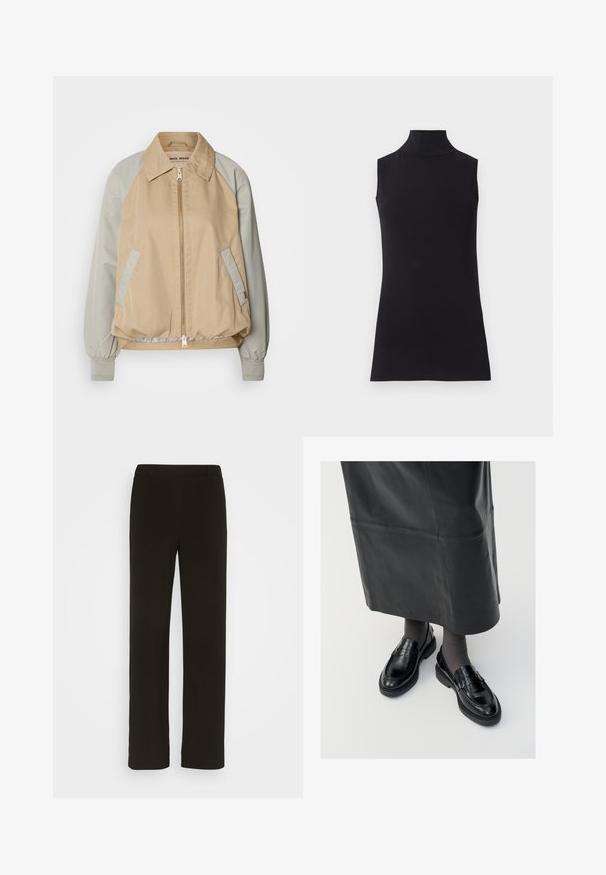 Bež jaquet ja kergehallide toonidega bomber-jakk, millel on kaelus, elastsed mansetid, küljetaskud ja eesmine lukku. Sile kangas kontrastsete värvidega.; Must have muströppeta top, mis on valmistatud siledast kangast. Lihtne disain, kõrge kaelusega ja sirge äärega, minimalistik ja ühte värvi.; Mustad, sirged jalad, mis on valmistatud kootud kangast, millel on lame esiosa, kaks külgtaskut ja sile tekstuur. Ilma nähtavate mustrite või aktsentideta.; Mustad nahast loafertossud sileda pinnaga, dekoratiivse rihma, ümarate varvaste ja tekstuuriga tallaga. Kanda pikkade mustade nahkseelikutega.