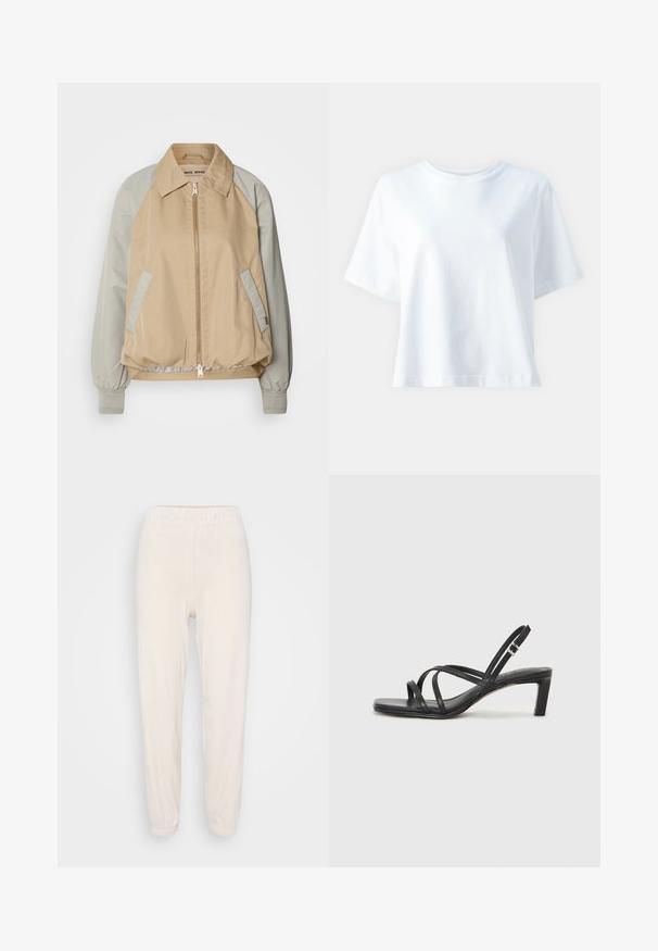 Bež in svetlo siva bomberska jakna s ovratnikom, elastičnimi manšetami, stranskimi žepe in sprednjim zadrgo. Gladek material s kontrastnimi barvami.; Bela bombažna majica s kratkimi rokavi in krožnim izrezom, sproščenega kroja in gladke teksture. Ni vidnih vzorcev ali dodatkov.; Svetlobežne trenirke z elastičnim pasom in manšetami. Narejene iz mehkega blaga, imajo sproščen kroj in gladko teksturo.; Črne natikače s trakovi in kvadratnim prstom ter nizkim blokastim peto. Imajo več tankih trakov in nastavljiv trak okoli gležnja. Narejene so iz gladkega usnja.