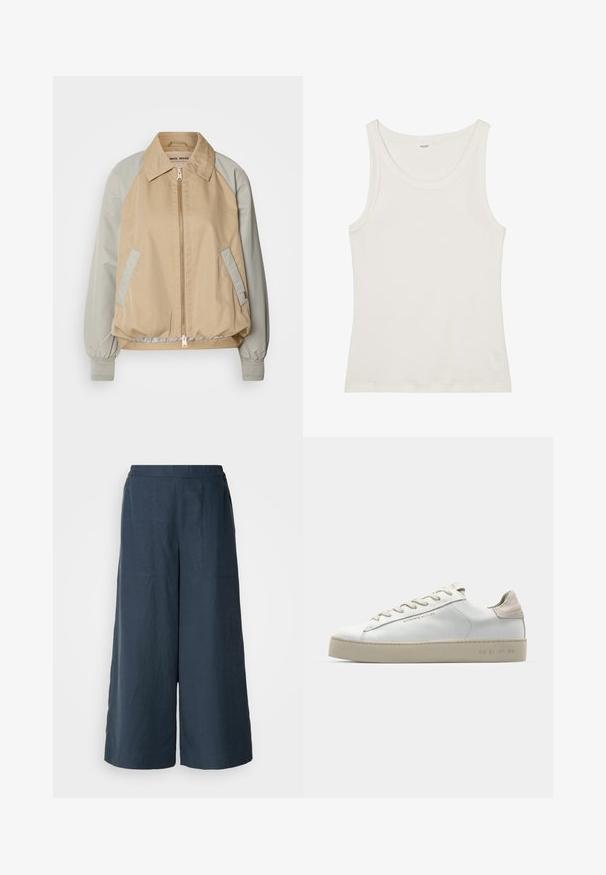 Bež i svijetlosivi bomber jakna s ovratnikom, elastičnim manžetama, bočnim džepovima i prednjim zatvaračem. Glatka tkanina s kontrastnim bojama.; Bijela pamučna majica bez rukava s širokim izrezom i tankim naramenicama. Glatka tekstura bez vidljivih uzoraka ili ukrasa.; Hlače širokih nogavica u mornarsko plavoj boji, izrađene od lagane tkanine. Imaju blago teksturiranu površinu, elastičnu traku u struku i prednje šavove.; Bijele kožne tenisice s glatkom površinom, bež nubuk detalji, okrugli vrh, ravni dizajn s vezicama i strukturirana gumena potplat.