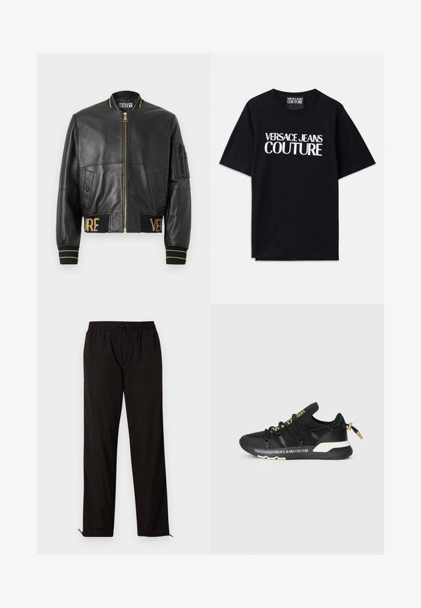 Μαύρο δερμάτινο bomber μπουφάν με χρυσές λεπτομέρειες, κλείσιμο με φερμουάρ, πλαϊνές τσέπες, ριμπ μανσέτες και ζώνη που φέρει το λογότυπο "VERSACE" σε χρυσά κεντήματα.; Μαύρο βαμβακερό T-shirt με κοντά μανίκια, με μεγάλο λευκό κείμενο "VERSACE JEANS COUTURE" μπροστά. Κλασικός σχεδιασμός με λαιμόκοψη.; Μαύρο ελαφρύ παντελόνι με ελαστική μέση, κλείσιμο με σκοινάκι και φερμουάρ στο κάτω μέρος για ρυθμιζόμενη εφαρμογή. Λείος και κομψός υφή.; Μαύρα αθλητικά παπούτσια με κομψό σχέδιο, που διαθέτουν χρυσό λογότυπο, ελαστικά κορδόνια και υφή σόλας με λευκές λεπτομέρειες.