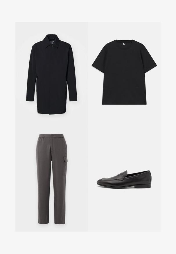 Black lightweight jacket with a structured design, button closure, and long sleeves. Smooth texture and minimalistic style with no patterns.; Black short-sleeve t-shirt made of cotton, featuring a round neckline and a small logo detail near the hem. Smooth texture, regular fit.; Gray pants with a relaxed fit, made from a smooth fabric. Features a button closure, side pockets, and a cargo pocket on the leg.; Black leather men's loafer with a low heel and a classic penny strap design, shown in side profile on a white background.