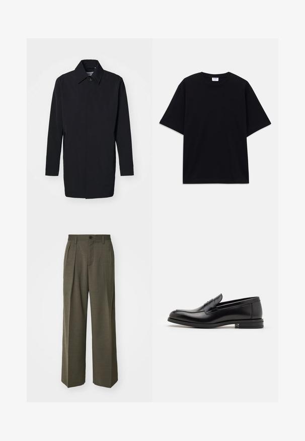 Schwarze leichte Jacke mit strukturiertem Design, Knopfverschluss und langen Ärmeln. Glatte Textur und minimalistischer Stil ohne Muster.; Schwarzes, oversized T-Shirt mit kurzen Ärmeln und rundem Ausschnitt, mit sichtbarem Filippa K Markenlabel im Kragen.; Filippa K WIDE TROUSERS - Stoffhose - driftwood; Schwarze Lederloafers mit glatter Textur, rundem Zehenbereich und einem dekorativen Riemen über dem Vorderfuß. Niedriger, gestapelter Absatz, minimalistisches Design.