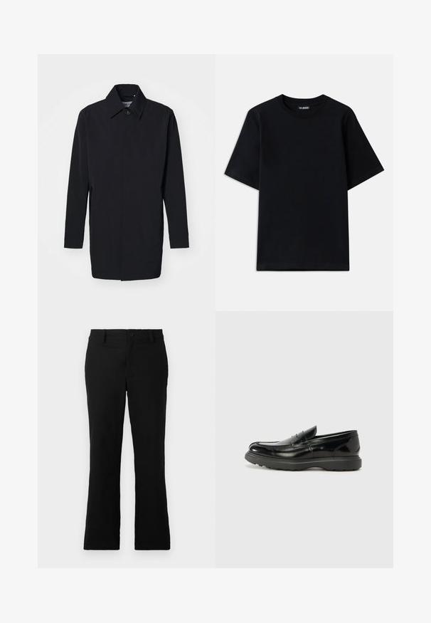 Schwarze leichte Jacke mit strukturiertem Design, Knopfverschluss und langen Ärmeln. Glatte Textur und minimalistischer Stil ohne Muster.; Schwarzes Baumwoll-T-Shirt mit Rundhalsausschnitt und kurzen Ärmeln. Verfügt über eine dezente Logo-Stickerei auf der linken Brust. Flaue, glatte Textur.; Schwarze, weit geschnittene Hosen aus einem Baumwollgemisch, mit einem Knopfverschluss, Gürtelschlaufen und einer glatten Textur ohne sichtbare Muster.; Schwarze Lederloafer mit glanzendem Finish, abgerundetem Zehenbereich, subtilen Steppnähten und einer dicken Gummisohle für Langlebigkeit.