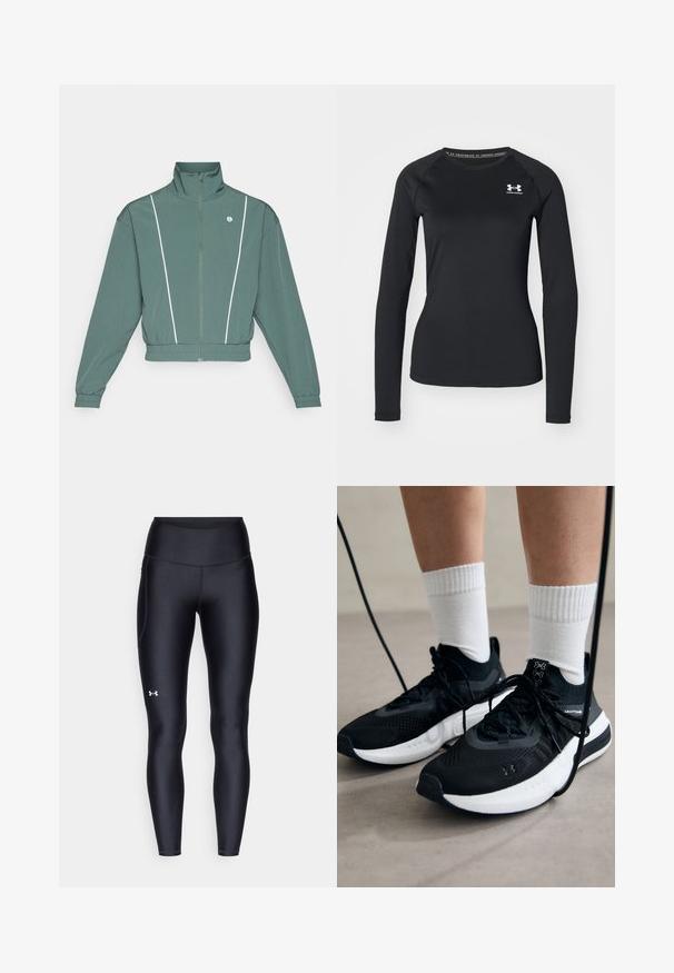 Zöld zipzáras dzseki magas gallérral, elasztikus aljjal és fehér oldalsávokkal. Hosszú ujjakkal rendelkezik, és a mellkasán logó található.; Fekete, hosszú ujjú sportpóló sima anyagból, kerek nyakkivágással és egy kis fehér logóval a bal mellrészen.; Fekete leggings sima, rugalmas anyagból, magas derékkal. Bal combján fehér logó található, és testhezálló kialakítású.; Fekete sportcipők textúrált anyagból, fehér talppal és fekete fűzőkkel. Fehér bordázott zoknikkal viselve, világos felületen állva.