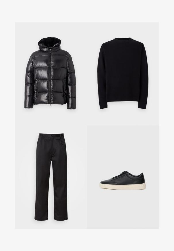 Sort dunjakke med en blank overflade, med høj krave, lynlås-lukning og to sidelommer; quiltet design for isolering.; Sort strikket sweater med lange ærmer, rund ribbet halsudskæring og lige pasform. Glat tekstur uden synlige mønstre eller accents.; Sorte bukser lavet af glat stof, med frontknaplukning, pressefolder og lige ben. Ingen synlige mønstre eller accenter.; Sort lavt top lædersneaker med sorte snørebånd og off-white sål vist i sideprofil på hvid baggrund.