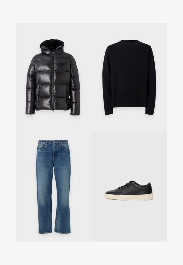 Fekete puffernadrág fényes felülettel, magas gallérral, cipzáros záródással és két oldalsó zsebbel; steppelt kialakítás a hőszigetelés érdekében.; Fekete, kötött pulóver hosszú ujjal, kerek bordázott nyakkivágással és egyenes szabással. Sima textúra, látható minták vagy díszítések nélkül.; Kék farmernadrág egyenes szabással, klasszikus öt zsebes dizájnnal, elhalványodott textúrával és réz szegecsek kiegészítéssel.; Fekete, alacsony szárú bőrsneaker fekete fűzőkkel és törtfehér talppal, oldalnézetben, fehér háttér előtt.