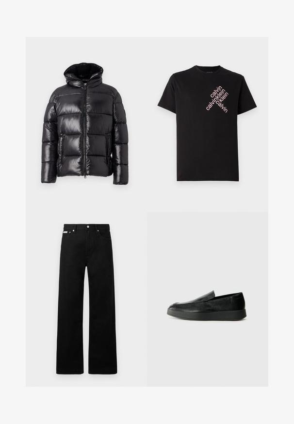 Musta puhvitakki kiiltävällä pinnalla, jossa on korkea kaulus, vetoketjusulku ja kaksi sivutaskua; tikattu malli eristystä varten.; Mustat puuvillaiset t-paidat, joissa on vinosti pinkki "calvin klein" -logoscreeni edessä. Lyhyet hihat ja pyöreä kaula-aukko.; Mustat farkut leveällä lahkeella, joissa on viisi taskua ja metalliset napit. Sileä pinta, ei näkyviä kuvioita.; Calvin Klein HYBRID CUP - Loaferit/pistokkaat - triple black