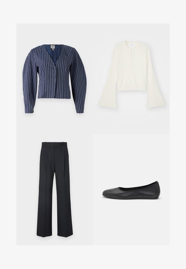 Navy striped cropped jacket with a deep V-neck, two buttons, and puffed sleeves; fabric appears textured with a subtle sheen.; Ribbed, cream-colored polo shirt with long, flare sleeves and five button placket. Features a collar with a soft texture.; Dark blue pinstriped trousers with a high waist, wide leg design, and no visible hardware or embellishments. Smooth texture and tailored fit.; Black leather ballet flat with a rounded toe, smooth texture, minimal stitching detail, and a flexible sole design.