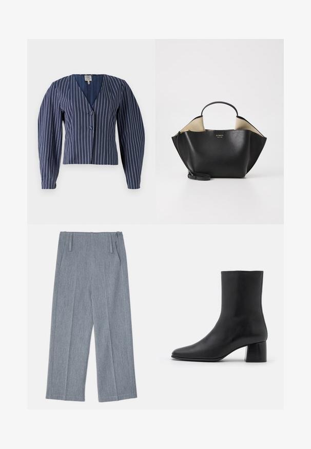 Jūrinės juostelės trumpa striukė su gilia V formos iškirpte, dviem mygtukais ir pūstomis rankovėmis; audinys atrodo tekstūruotas su subtiliu blizgesiu.; Juodas ilgų rankovių marškinėlis, pagamintas iš minkštos medžiagos, su apykakle ir laisvu siluetu, su šoninėmis sklendėmis apačioje, kad būtų lengviau judėti.; Šviesiai pilkos, plačios kojų kelnės, pagamintos iš tekstūruoto audinio, su dviem priekinėmis klostėmis ir dviem šoninėmis kišenėmis. Tvarkingas, tikslais pritaikytas dizainas.; Juodas odinis kulkšninis botas su smailiu pirštu ir masyviu kvadratiniu kulnu. Lygus paviršius be siūlių ir minimalizmu išsiskiriantis dizainas.; Ree Projects ANN TOTE MINI - Rankinė - black