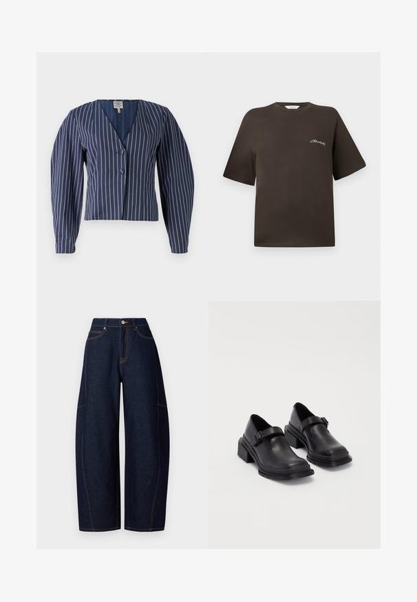 Navy striped cropped jacket with a deep V-neck, two buttons, and puffed sleeves; fabric appears textured with a subtle sheen.; Brown cotton t-shirt with short sleeves, relaxed fit, round neckline, featuring a small white embroidered text on the left chest.; Wide-leg dark blue denim pants with contrasting orange stitching, five pockets, and a button and zipper closure at the waist.; Black leather shoes with a rounded toe, flat sole, and a strap with a buckle detail. Chunky block heel for added stability.