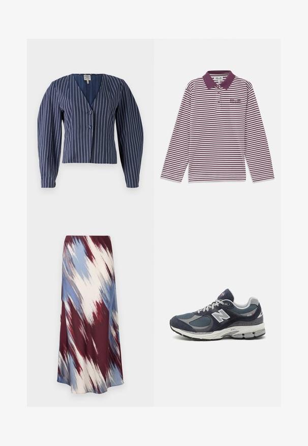 Navy striped cropped jacket with a deep V-neck, two buttons, and puffed sleeves; fabric appears textured with a subtle sheen.; Long-sleeve striped polo shirt in burgundy and white, featuring a collar, three-button placket, and embroidered logo on the chest.; Long skirt featuring a diagonal tie-dye pattern in burgundy, blue, and cream, made of soft fabric with a flowing silhouette and slight sheen.; New Balance sneakers with a navy mesh and suede upper, gray accents, white logo, cushioned sole, and textured detailing.