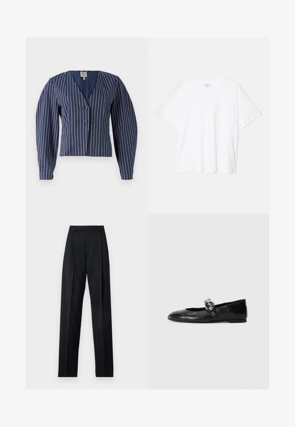 Navy striped cropped jacket with a deep V-neck, two buttons, and puffed sleeves; fabric appears textured with a subtle sheen.; White cotton t-shirt with short sleeves, round neckline, relaxed fit, and stitched hem. Label visible on the inside neck.; Black trousers made from smooth fabric featuring a high waist, wide legs, front pleats, and classic belt loops. No side pockets visible.; Black leather ballet flats with a pointed toe, featuring a strap with a circular metallic buckle and a flat sole.