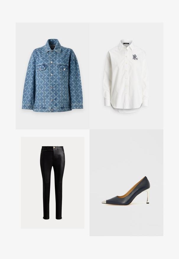 Džinsu jaka ar zilas krāsas un teksturētu gaiši zilu rakstu, divām krūšu kabatām un sudraba pogām priekšpusē un pie piedurknēm.; Balta kokvilnas krekla ar garām piedurknēm, smailu apkakli un tumši zilā krāsā izšūtu logo uz kreisā krūtīm. Apļa formas apakšmala.; Melnas, pieguļošas bikses, kas izgatavotas no gludas ādas. Iekļauj sānu kabatas ar rāvējslēdzējiem un kontrastējošus zelta furnitūras akcentus potītēs.; Tumši zila ādas augstpapēžu kurpe ar smailu purngalu, kas izceļas ar sudrabotu metālisku uzgali un spīdīgu sudraba stilettos papēdi.