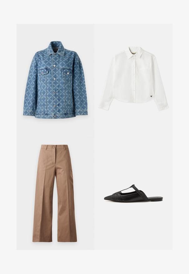 Sinine denim jakk, millel on tekstureeritud helesinine muster, kaks rinna taskut ja hõbedased nupud ees ja mansettides.; Valge lühikesed varrukad puuvillane särk. Omab nööbiga esist, rinna taskut ning väikest musta logo all vasakul.; Pruunid lai jalgadega püksid, mis on valmistatud siledast kangast, esise nööbiga kinnitusega, kahte esist taskut ja puhtaid, vormitud jooni.; Must kuulsad nahast kandadega kingad, millel on terav nina, koos kootud detaili ja volditud ülaosaga. Lame tald minimaalse riistvaraga.