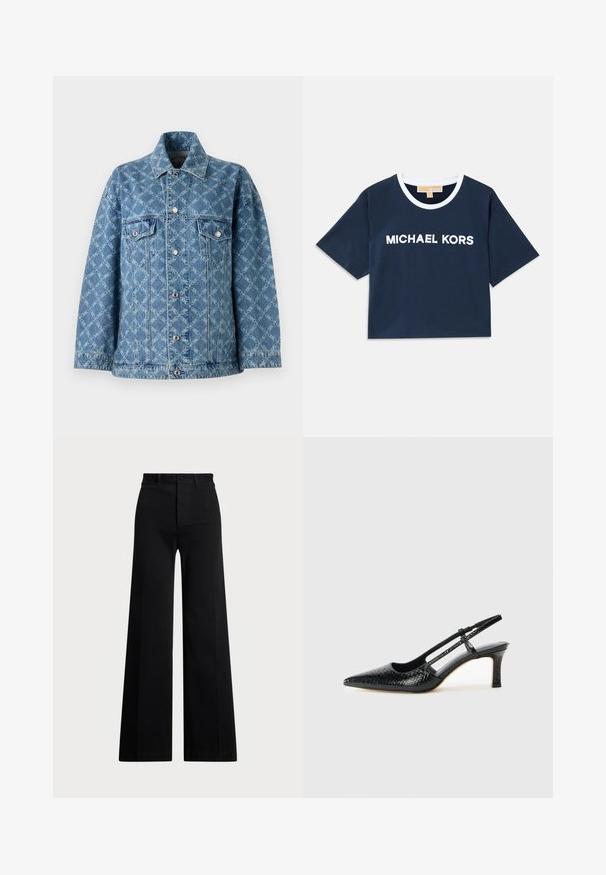 Denim-takki, jossa on sininen väri ja teksturoitu vaaleansininen kuvio, kaksi rintataskua sekä hopeanväriset napit edessä ja hihansuissa.; Laivan sininen lyhythihainen cropped t-paita, joka on valmistettu puuvillasta. Siinä on valkoinen ribbikaulus ja brodattuna "MICHAEL KORS" -logo etupuolella. Lyhyet hihat.; Mustat leveät housut, jotka on valmistettu kudotusta kankaasta. Niissä on korkea vyötärö, edessä nappisulku ja sivutaskut. Suora pinta puhtailla linjoilla.; Musta patent slingback-kiilakorko teräväkärkisellä muotoilulla, jossa on teksturoitu käärmeennahkakuosi, säädettävä remmi ja lyhyt, teksturoitu blokkiheel.