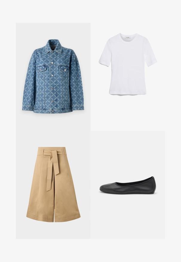 Džínová bunda v modré barvě s texturovaným světlomodrým vzorem, dvěma náprsními kapsami a stříbrnými knoflíky na přední straně a na manžetách.; Bílá tričko s krátkým rukávem vyrobené z žebrované tkaniny. Kulatý výstřih, normální střih a jemné detaily šití. Bez vzorů nebo grafik.; Khaki midi zavinovací sukně s páskem na zavázání, vyrobená z lehké bavlny, s vysoce rozšířenou siluetou a viditelnými švy.; Černé kožené baletní byty s kulatou špičkou, hladkou texturou, minimálními švy a flexibilním designem podrážky.