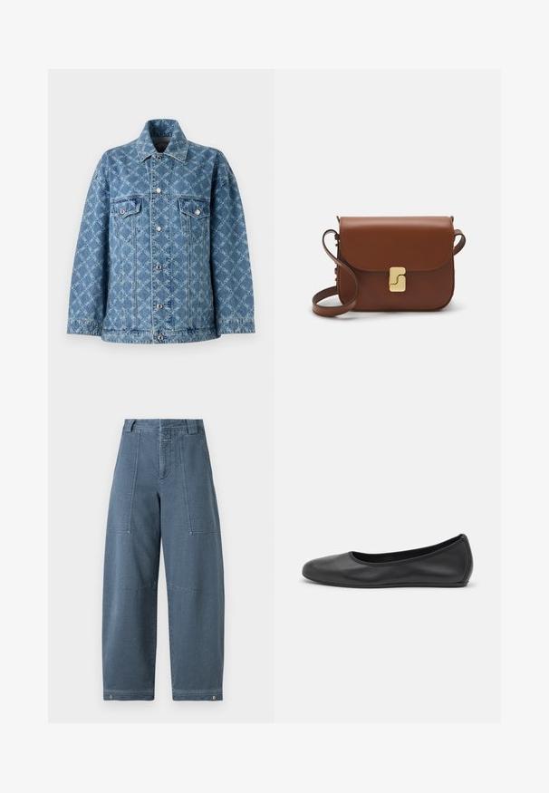 Denim jacket featuring a blue color with a textured light blue pattern, two chest pockets, and silver buttons along the front and cuffs.; White short-sleeve t-shirt made of ribbed fabric. Round neckline, regular fit, and subtle stitching details. No patterns or graphics.; Denim wide-leg pants in a light blue shade, featuring a textured surface, two front pockets, and durable stitching at the hem.; Black leather ballet flat with a rounded toe, smooth texture, minimal stitching detail, and a flexible sole design.; Brown leather handbag with a flap closure, gold-tone hardware, a shoulder strap, and a smooth texture. Compact rectangular shape.