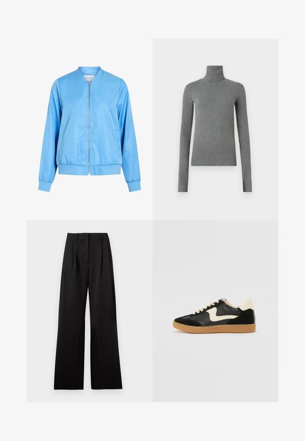 Jachetă bomber albastru deschis, realizată dintr-un material neted, cu închidere cu fermoar frontal, manșete plisate și tiv adunat. Fără modele sau grafice vizibile.; Cămașă turtleneck gri, dintr-un material neted și elastic. Mâneci lungi, design ajustat, textură minimă, fără modele sau accesorii vizibile.; Pantaloni negri cu picioare largi, cu o textură netedă, având pliseuri frontale, talie plată și bucle pentru curea. Design simplu, croit.; Tenisi din suede și piele negri cu un swoosh lateral de culoare crem și călcâi de un crem deschis. Prezintă șireturi bej și o talpă din rubber de tip gum.