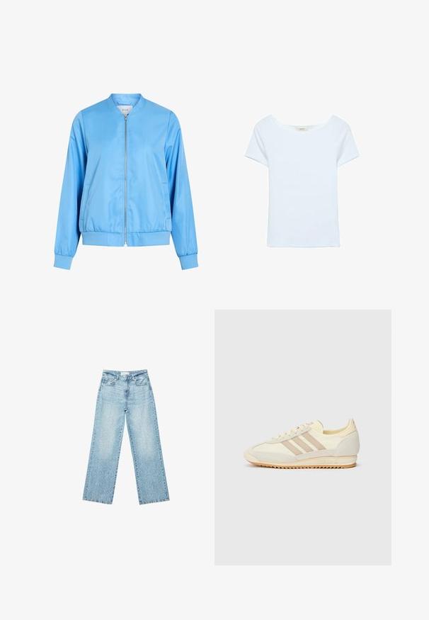 Svetlo modra bomber jakna iz gladkega blaga, z zadrgo spredaj, rebrastimi manšetami in nabranim robom. Brez vidnih vzorcev ali grafik.; Bela majica iz ribanega materiala, z širokim izrezom in kratkimi rokavi. Preprost dizajn brez vzorcev ali okrasnih elementov.; Svjetloplave široke traperice s visokim strukom, s izblijedjelim pranjem i malim, raštrkanim oštećenjima po cijelom dijelu.; Kremna atletska teniska obutev z tremi bež črtami, usnjatom in tekstilnim materialom, teksturiranim podplatom ter embosiranim logotipom na peti.