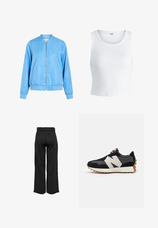 Hele sinine bomber-jakk, mis on tehtud siledast kangast, varustatud eest tõmblukuga, soonikkoes varrukate ja kogutud äärega. Polnud nähtavaid mustreid ega graafikat.; Valge ribakujuline tank top, millel on ümmargune kaelus, varrukateta disain ja lühike pikkus. Silt ütleb "JJXX." Sile kangast tekstuur.; Mustad, laiad püksid elastse vöökohtaga, valmistatud siledast kangast. Omab lihtsat disaini, ilma taskute või nähtavate õmbluste detailideta.; Mustmust ja halli nubukist tennisajal on suur kreemjas "N" logo, lilla paelad ja tekstureeritud kummist välispohja.
