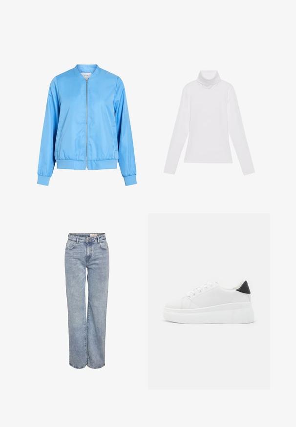 Gaiši zila bumbvedēja jaka no gludas auduma, ar rāvējslēdzēja aizdari priekšpusē, ribotām aprocēm un savāktām apakšmalām. Nav redzamu rakstu vai grafikas.; Balts garie piedurknēm turtlenecks krekls, izgatavots no gludas, elastīgas auduma. Iezīmē augstu apkakli un pielāgotu dizainu, bez redzamām rakstainām vai rotājumiem.; Gaiši zili platlapu džinsi, izgatavoti no denima, ar augstu jostasvietu, piecu kabatu dizainu un vieglu nolietojuma efektu.; Baltas platforma kedas, izgatavotas no gludas sintētiskas vielas, ar noapaļotu purngalu, saites dizainu un teksturētu gumijas zoli. Melna papēža akcenta detaļa.