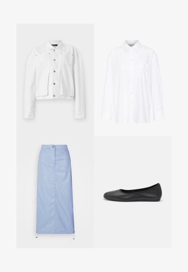 Chaqueta blanca corta de algodón, con cierre frontal de botones, dos bolsillos en el pecho y detalles metálicos en plata. Textura suave.; Camisa blanca de manga larga y cuello hecha de algodón. Presenta un cierre de botones en la parte delantera y un bolsillo en el pecho. Textura suave, ajuste relajado.; Falda de longitud media en azul claro, hecha de material suave y ligero, con corte recto, presenta un cierre delantero de botones y dobladillo con cordón.; Bailarina de piel negra con punta redondeada, textura suave, detalle de costura minimalista y diseño de suela flexible.