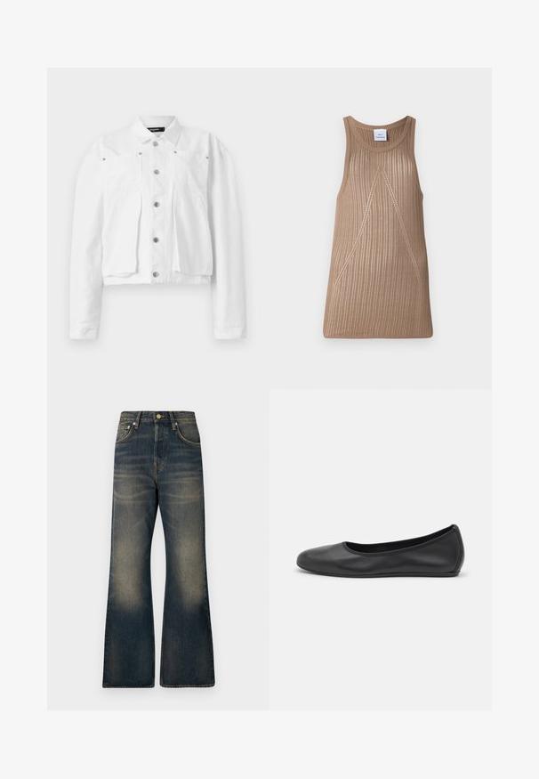 Giacca bianca corta in cotone, con chiusura a bottoni, due tasche sul petto e dettagli in metallo argentato. Texture liscia.; Top in maglia senza maniche beige con texture a coste, con una forma ad A e sottili dettagli in cucitura diagonale.; Jeans in denim a gamba larga di colore blu scuro con un lavaggio sfumato, dotati di cinque tasche, chiusura con bottone e dettagli di cucitura a contrasto.; Pantofole da balletto nere in pelle con punta arrotondata, texture liscia, dettagli di cucitura minimi e design con suola flessibile.