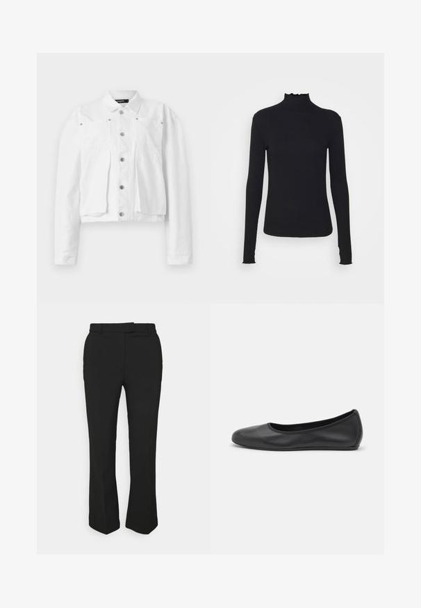 Valkoinen lyhyt takki, joka on valmistettu puuvillasta. Takissa on napitettava etuosa, kaksi rintataskua ja hopeiset yksityiskohdat. Pintamateriaali on sileä.; Musta pitkähihainen poolotoppi, joka on valmistettu sileästä kankaasta, jossa on röyhelökaulus ja tiukka siluetti yksinkertaisilla reunoilla.; Musta räätälöity housut suoran lahkeen muotoilulla, joissa on vyölenkit ja sivutaskut. Valmistettu sileästä kankaasta, jossa on siisti viimeistely.; Musta nahkainen ballerina, jossa on pyöristetty kärki, sileä pinta, minimaalinen ommelkoristelu ja joustava pohjamuotoilu.