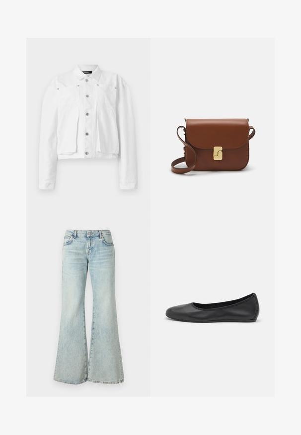 Giacca bianca corta in cotone, con chiusura a bottoni, due tasche sul petto e dettagli in metallo argentato. Texture liscia.; T-shirt bianca a maniche corte realizzata in tessuto a costine. Collo rotondo, vestibilità regolare e dettagli di cucitura sottili. Senza motivi o grafiche.; Jeans a palazzo di colore blu chiaro realizzati in denim, con vita alta, tasche e orli sfilacciati. Il tessuto presenta un lavaggio sbiadito e una texture sottile.; Pantofole da balletto nere in pelle con punta arrotondata, texture liscia, dettagli di cucitura minimi e design con suola flessibile.; Borsa a tracolla in pelle marrone con chiusura a pattina, hardware color oro, tracolla e una finitura liscia. Forma rettangolare compatta.