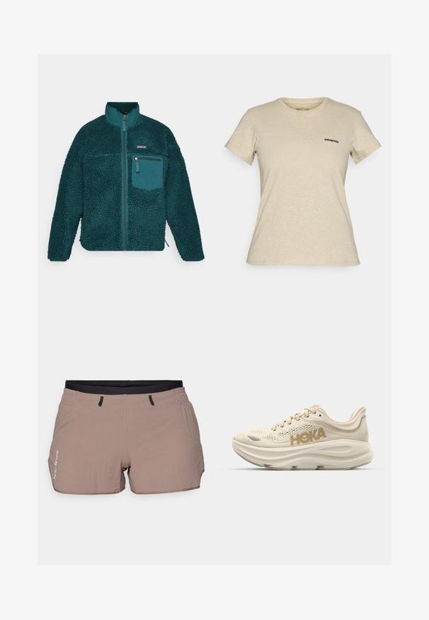 Chaqueta de forro polar azul verdoso con cuello alto, superficie texturizada, cierre frontal con cremallera y un bolsillo en el pecho con cremallera, con dobladillo redondeado y mangas largas.; Camiseta de manga corta en color beige de Patagonia con un pequeño logo negro en el lado izquierdo del pecho, exhibida sobre un fondo sencillo.; Pantalones cortos beige de tejido ligero, con un patrón texturizado, cinturilla elástica con acentos negros y dos bolsillos laterales.; Zapatilla de running de color beige claro con parte superior de malla, collar acolchado, prominente logotipo "HOKA" en dorado y suela gruesa y acolchada para mayor comodidad.