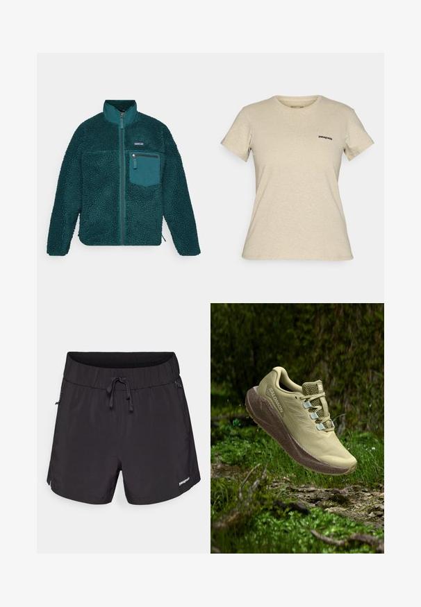 Jachetă din fleece de culoare teal cu guler înalt, suprafață texturată, închidere cu fermoar pe față și un buzunar pe piept cu fermoar, având marginea rotunjită și mâneci lungi.; Tricou cu mânecă scurtă și guler rotund Patagonia de culoare bej, cu un mic logo negru pe partea stângă a pieptului, afișat pe un fundal simplu.; Pantaloni de înot negri, confecționați dintr-un material ușor, având o talie elastică, șnur de ajustare și buzunare laterale pentru funcționalitate.; Pantofii de alergare de trail de culoare verde deschis, cu un superior din plasă texturată, accente reflectorizante și un talpă amortizată. Plutind deasupra unui teren cu iarbă.