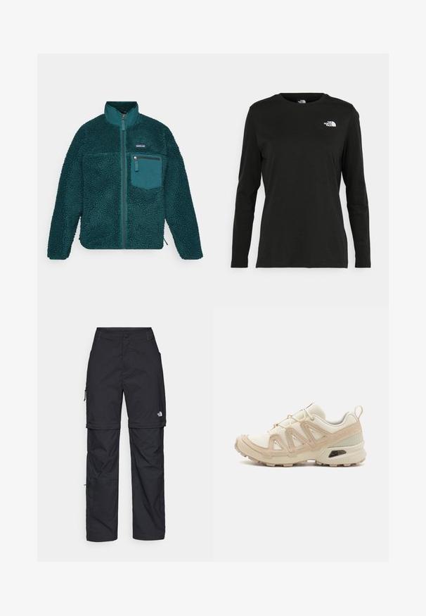 Turkizna flis jakna z visokim ovratnikom, strukturirano površino, sprednjim zadrgo in prsno žepom z zadrgo, s zaobljenim robom in dolgimi rokavi.; Črna majica z dolgimi rokavi iz bombaža z okroglo izrezom. Ima majhen bel logotip na levem prsnem delu. Enostaven dizajn in prileganje.; Črne najlon hlače z zipom, ki se lahko odstranijo, s prilagodljivimi manšetami, več žepi in logotipom na desni nogi. Gladka, lahka tekstura.; Bež in krem športni čevlji z teksturiranim mrežastim zgornjim delom, podpornimi prekrivali in gumijastim podplatom z vzorcem za oprijem.
