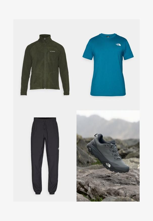 Columbia FAST TREK™ FULL ZIP - Jakna od flisa - greenscape; Tirkizna majica kratkih rukava izrađena od mekog pamuka, s bijelim logom otisnutim na lijevoj strani prsnog koša i klasičnim dizajnom kružnog izreza.; Crne sportske hlače od lagane tkanine, s pojasom na vezanje, bočnim džepovima i suženim manžetama na gležnjevima.; Sive trail trkačka cipela s teksturiranim gornjim dijelom, izdržljivom gumenom potplatom i ojačanim vrhom. Ima vezice i logotip branda sa strane.