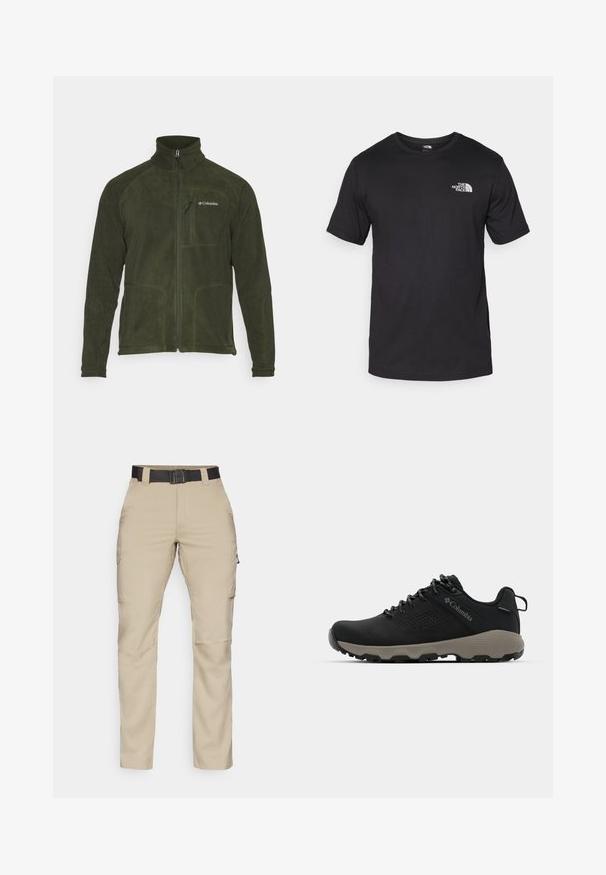 Columbia FAST TREK™ FULL ZIP - Jakna iz flisa - greenscape; Črna kratko sleeved majica iz bombaža, s krožnim izrezom in majhnim belim logotipom na zgornjem levem delu prsnega koša.; Beige cargo hlače z več žepi, črn obrobljiv pas in ravni kroj. Narejene iz lahkega, trpežnega materiala.; Črne pohodniške čevlje z gladkim zgornjim delom, perforiranim dizajnom, sivo podplatom in ojačanim petnim delom. Imajo vezalke in zanko za enostavno obuvanje.