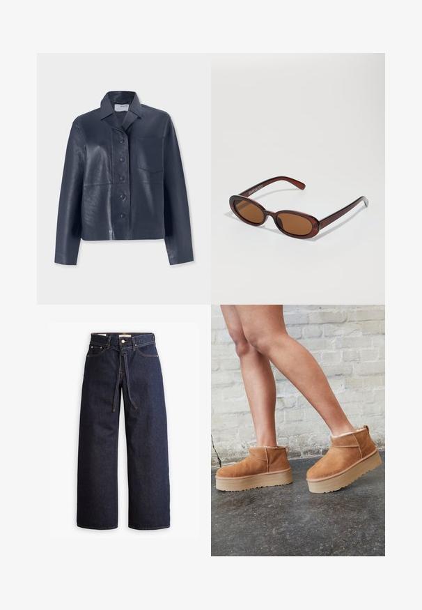 Tengerészkék bőrkabát, gallérral, elöl gombos zárással és egyetlen, bal oldali mellzsebbel. Sima textúrájú és egyenes szabású.; Szürke garbó pulóver, puha, texturált kötött anyagból. Hosszú ujjakkal és laza, dobozszerű formával rendelkezik, bordázott aljjal és ujjak végével.; Széles lábú, sötétkék farmernadrág magas derékkal, húzózsinórral, öt zsebbel és kontrasztos varrással.; Barna velúr bokacsizma puha béléssel, vastag bézs platformtalppal és hátsó húzófüllel. Texturált felület látható varrási részletekkel.; Kerek, barna árnyalatú napszemüveg fényes burgundi kerettel. Karcsú karok diszkrét márkázással. Lapos lencse kialakítás.; Fekete bőr hobo táska, amely lágy, ívelt formájú. Széles felső fogantyúval rendelkezik, és az alján gyűrődésekkel bír, ami laza textúrát ad neki.