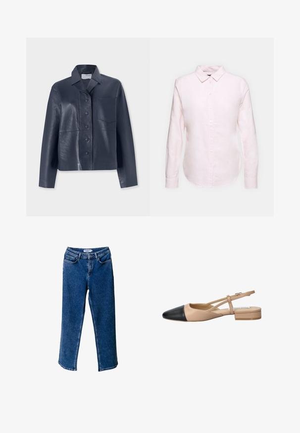 Mornarska kožna jakna s ovratnikom, prednjim zakopčavanjem na gumbe i jednom zakrpa džepom na lijevoj strani prsnog dijela. Glatka tekstura i ravni kroj.; Svijetloružičasta košulja dugih rukava s izrezom za dugmad, s ravnim rubom i mekanom teksturom, izrađena od lagane pamučne tkanine.; Plave traperice širokog kroja s visokim strukom, s prednjim džepovima, kontrastnim šavovima i opuštenim fitom.; Bež i crna dvobojna slingback cipela s oštrim vrhom, ravnim potplatom i detaljem u obliku križanja traka. Glatka kožna tekstura.