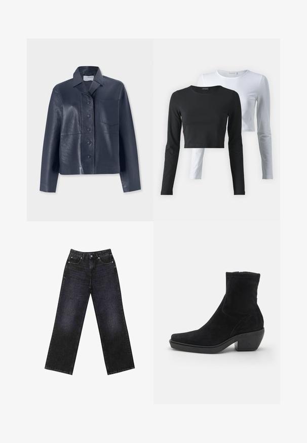 Navy leather jacket featuring a collar, front button closure, and a single patch pocket on the left chest. Smooth texture and straight cut.; Two long-sleeve t-shirts, one black and one white, made of soft cotton fabric, with round necklines and a cropped design.; High-waisted black denim jeans with a wide-leg cut, five-pocket design, and visible stitching. Fabric has a smooth, slightly textured finish.; Black suede ankle boot with a square toe design, low block heel, and smooth texture. Features a fitted upper and minimal stitching details.