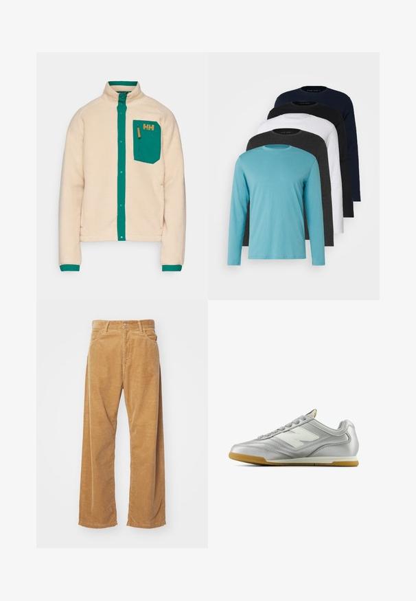 Helly Hansen PANORAMA SNAP - Jakna iz flisa - oatmeal; Pet srajce z dolgimi rokavi v vrsti: turkizna, črna, bela, temno siva in mornarsko modra. Mehka tkanina z okroglim izrezom in standardno prileganje.; Kordna široke hlače v tan barvi. Imajo teksturirane, vertikalne reške, standarden pas in dva sprednja žepa.; Srebrna športna čevlja z gladko, sijočo površino, belim logotipom na strani, teksturiranimi sivo-špageti in gumijastim podplatom.