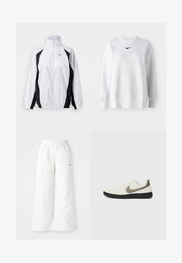 Nike vėjo nepraleidžiantis švarkas baltos ir juodos spalvos. Ypatybės: aukštas apykaklė, užtrauktuko uždarymas, ilgos rankovės ir kontrastingas panelių dizainas su tekstūruota medžiaga.; Pilkas džemperis, pagamintas iš minkštos medžiagos, turi apvalų iškirpimą, nusileidusias pečių linijas, raibą rankogalius ir mažą juodą Nike logotipą ant krūtinės.; Baltos sportinės kelnės su plačiais šonais, elastinga juosta ir mažuoju juodu Nike logotipu kairėje pusėje. Lygus, lengvas medžiagos audinys.; Nike Sportswear FIELD GENERAL - Sportbačiai - off-white/black