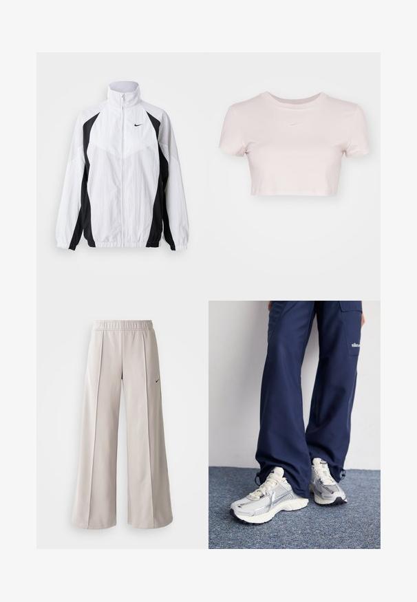 Nike vetrovka v beli in črni barvi. Ima visok ovratnik, zadrgo, dolge rokave in kontrastno ploščo z teksturiranim materialom.; Kratka majica v svetlo rožnati barvi, izdelana iz mehke tkanine. Ima krojen izrez in kratke rokave ter majhen bel Nike logo na prsih.; Svetlo sivi široki hlače iz gladkega materiala. Imajo elastični pas in črni Nike logotip na levi strani.; Nike športni čevlji s srebrno mrežasto zgornjico, belimi poudarki in teksturiranimi podplati, v kombinaciji s sproščenimi temno modrimi hlačami.