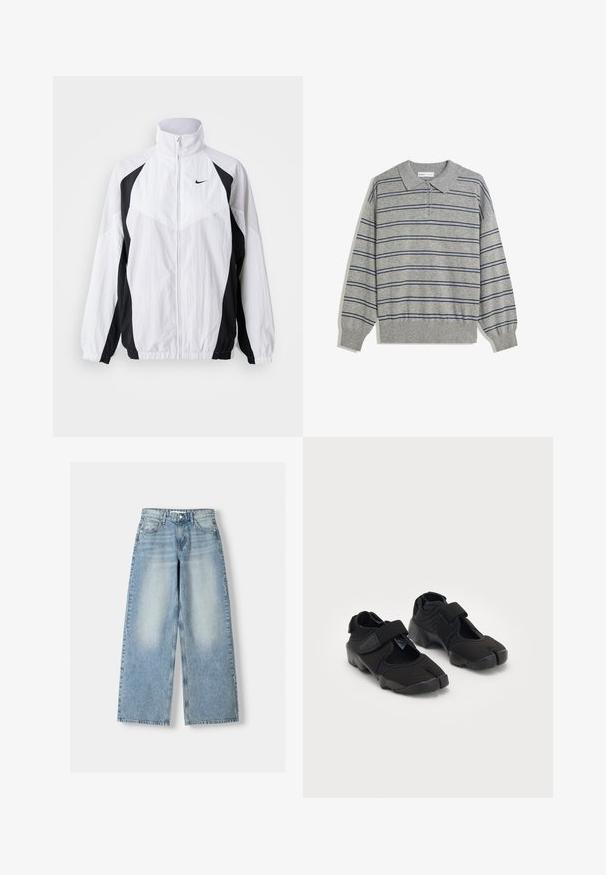 Nike vjetrovka u bijeloj i crnoj boji. Ima visoki ovratnik, zatvaranje na zip, duge rukave i kontrastni dizajn panela s teksturiranim materijalom.; Siva dugmadna polo majica dugih rukava s ovratnikom, s tamnoplavim horizontalnim prugama i dugmadi na ovratniku. Mekani materijal.; Svijetloplavi traper hlače širokih nogavica s visokim strukom, s izbljeđelim završetkom, pet džepova i ravnim krojem.; Crne vodene cipele od fleksibilnog materijala s čičak trakama, s jedinstvenim dizajnom razdvojenog prsta i teksturiranom gumenom potplatom za bolje prianjanje.