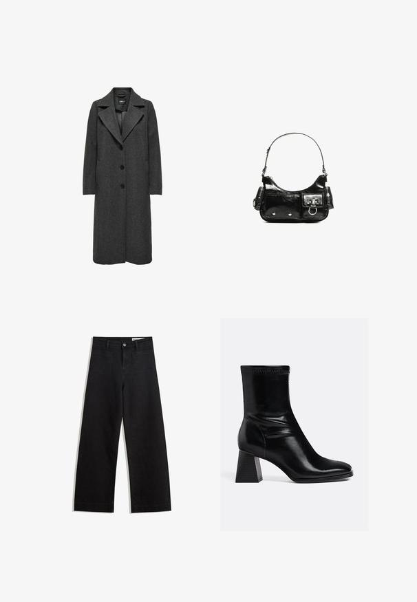 Pitkä tummanharmaa takki, jossa on lovettu kaulus, viisi nappia, sivutaskut ja teksturoitu kangaspinta. Klassinen, suora leikkaus.; Musta pitkähihaisen pyöreäkauluksinen neulepusero, jossa on resorit hihansuissa ja helmassa, esitettynä litteänä valkoisella taustalla.; Mustat leveät farkut korkealla vyötäröllä, joissa on etu- ja takataskut, ommellut saumat ja nappisuljenta. Silkinoinen rakenne.; Mustat nahkaiset nilkkurit, joissa on sileä pinta, neliön muotoinen kärki ja teksturoitu palikkakorko. Ominaisuuksiin kuuluu joustava nilkkasuunnittelu ja näkyvät ompeleet.; Mustekko mustasta kiiltonahasta valmistettu käsilaukku, jossa on kaareva muoto, yksi olkahihna, etutaskut ja hopeanväriset yksityiskohdat.