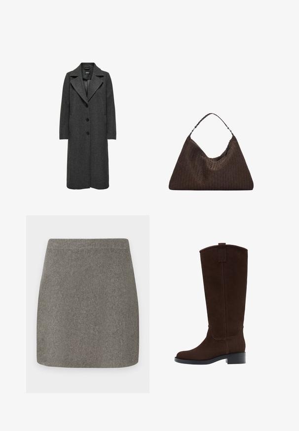 Langer dunkelgrauer Mantel mit Reverskragen, fünf Knöpfen, Seitentaschen und einer strukturierten Stoffoberfläche. Klassisches, geradliniges Design.; Hellgrauer gestrickter Pullover mit hohem Kragen, überschnittenen Schultern und gerippten Bündchen und Saum. Weiche Textur mit einem lässigen Schnitt.; Grauer gestrickter Minirock mit einem gerippten Bund, glatter Textur und gerade geschnitten, entworfen für eine figurbetonte Silhouette.; Braune Wildleder-Stiefel bis zum Knie mit runder Fußspitze, dezenten Nähten und einem niedrigen Blockabsatz; verfügen über eine Zuglasche oben für einfaches Anziehen.; Braune, geflochtene Lederhandtasche mit einer lässigen, dreieckigen Form. Verfügt über einen geflochtenen Griff und einen Reißverschluss an der Oberseite.