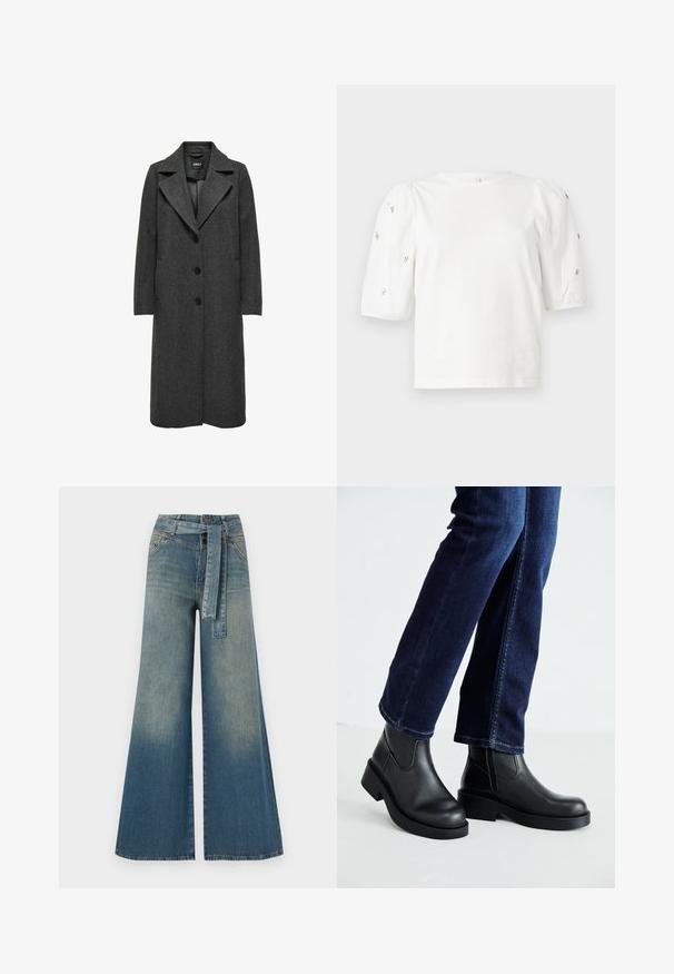 Long dark gray coat with a notched collar, five buttons, side pockets, and a textured fabric finish. Classic, straight-cut design.; White cotton t-shirt with short puff sleeves, featuring small silver embellishments along the sleeves. Classic round neckline, relaxed fit.; Wide-leg denim trousers featuring a light to dark blue gradient, high waist, belt loops, and a matching fabric belt. Textured denim finish.; Black leather ankle boots with a chunky sole and side elastic panels, paired with dark blue jeans. The ground is light-colored.