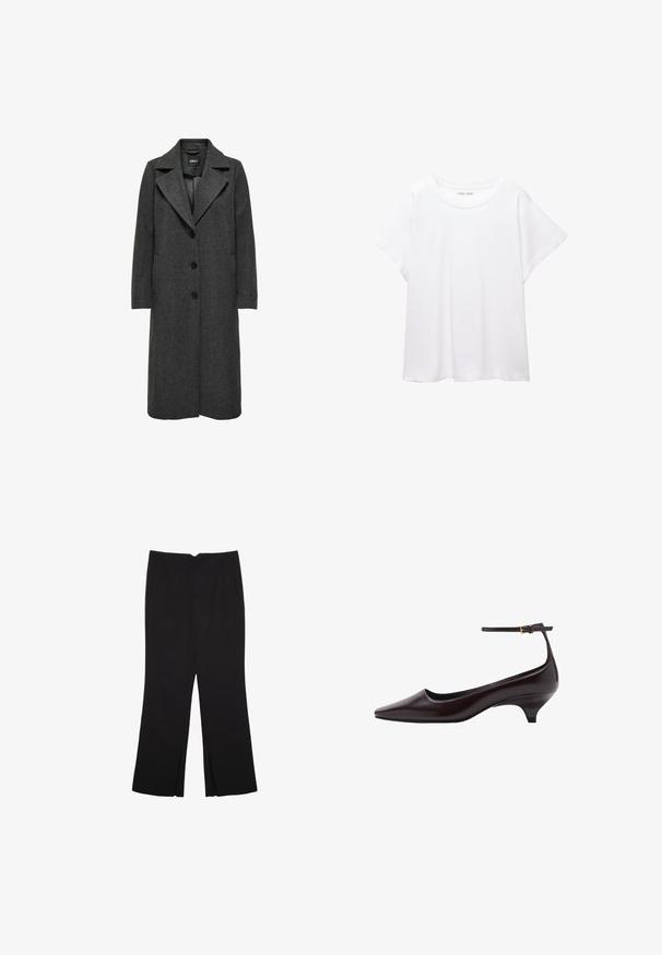 Lang, mørkegrå frakke med en notch-krave, fem knapper, sidelommer og en tekstureret stofoverflade. Klassisk, lige snit design.; Hvid T-shirt lavet af blødt, let stof. Har en rund halsudskæring og korte, brede ærmer med en afslappet pasform. Ingen synlige mønstre.; Sorte bukser med lige pasform, der har frontlommer og slidser i kanten. Lavet af blødt, glat stof. Velegnet til forskellige anledninger.; Mørkebrune spidse læder kitten heel sko med en tynd ankelrem og en lille guldbeslag.