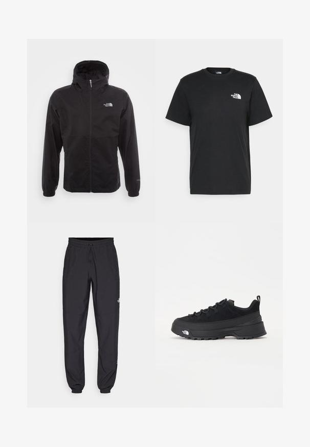 Sort vandtæt jakke med fuld lynlås, justerbar hætte, elastiske manchetter og et logo på brystet; letvægts, glat tekstur.; Sort bomulds t-shirt med korte ærmer, rund hals og et lille hvidt logo på venstre bryst. Enkel design, glat tekstur og afslappet pasform.; Sorte atletiske bukser lavet af letvægtsstof, med en snor i taljen, sidelommer og tapered manchetter ved anklerne.; Sort udendørs sneakers med overdel i ruskind, tekstureret gummisål og robust snøringssystem. Har en forstærket hæl og logo fra mærket på siden.