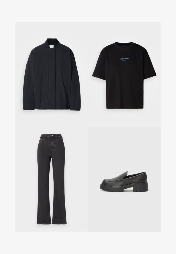 Czarna kurtka z długim rękawem, z ribbanym kołnierzem, ukrytym zapięciem z przodu i subtelną metką marki na dolnym brzegu, leżąca płasko na białym tle.; Czarna bawełniana koszulka z okrągłym dekoltem, krótkimi rękawami i niebieskim haftowanym logo "Calvin Klein JEANS" z przodu.; Czarne jeansy z wysokim stanem i rozszerzanym dołem, wykonane z denimu, z zapięciem na guzik, szlufkami na pasek oraz kieszeniami bocznymi. Gładka faktura z minimalnym przetarciem.; Czarne skórzane mokasyny z zaokrąglonym noskiem, grubą fakturowaną podeszwą oraz minimalnymi detalami szycia. Elegancki design bez widocznych sznurowadeł czy elementów metalowych.