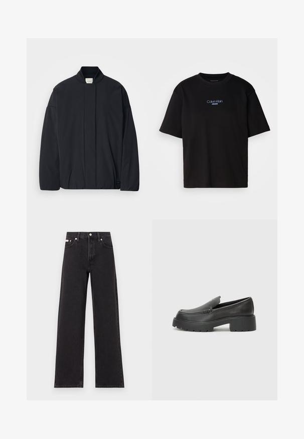 Melnas garās piedurknes jakas ar ribotu apkakli, slēptu priekšpuses aizdari un smalku zīmola etiķeti apakšējā apmalē, izvietota uz baltas fona.; Melna kokvilnas T-kreklu ar apaļu kaklu, īsām piedurknēm un zilu izšūtu "Calvin Klein JEANS" logo priekšpusē.; Melni platmalu džinsi, kas izgatavoti no denima, ar augstu vidukli, piecu kabatu dizainu un metāla pogas aizdari ar kontrastējošu šuvumu.; Melnas ādas mokasīni ar noapaļotu purngalu, biezs teksturēts zoles un minimālas dūriena detaļas. Gluds dizains bez redzamām auklām vai metāla elementiem.