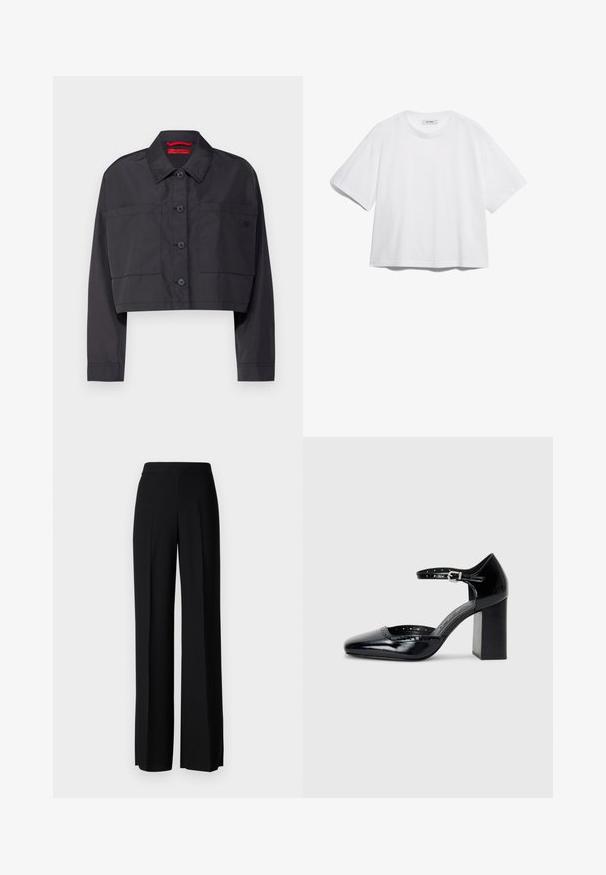 Kuttet svart jakke med krage, frontlukking med knapper, to brystlommer og subtil logo foran til venstre.; Hvit bomull t-skjorte med korte ermer, rund hals, avslappet passform og uten synlige mønstre eller grafikk. Glatt tekstur og enkelt design.; Sorte vidde bukser med en glatt tekstur, med høy midje og sentrale folder. Ingen synlige mønstre eller maskinvaredetaljer.; Sorte lakk lær høye hæler med firkantet tå, ankelrem og chunky hæl. Inkluderer perforerte detaljer langs kanten.